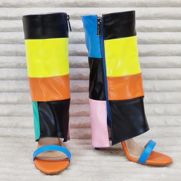 Paris Color Block Stiletto Fold Over Skirted Shootie Boot Sandals - Picture 11 of 15